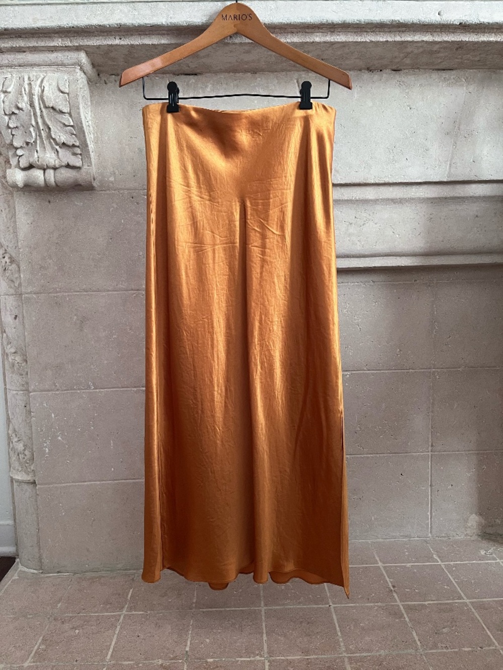 Vince Satin Side-Slit Slip Skirt Medium in Gold/ Orange